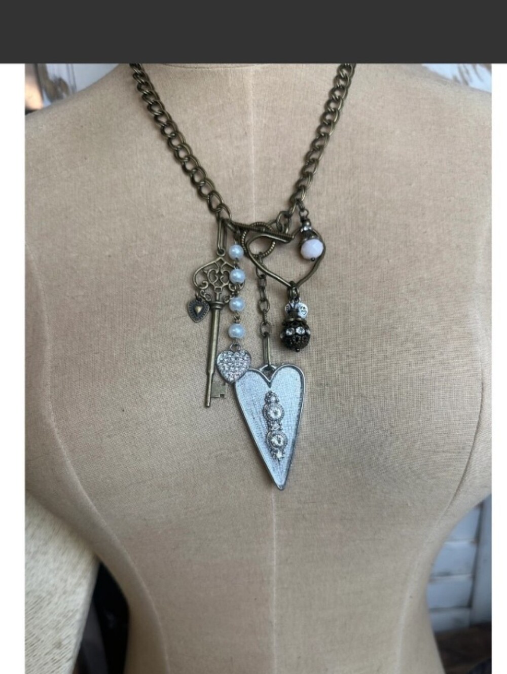 New Boho Gypsy Heart Necklace Antique Brass Heart & Key Charm with Pearls